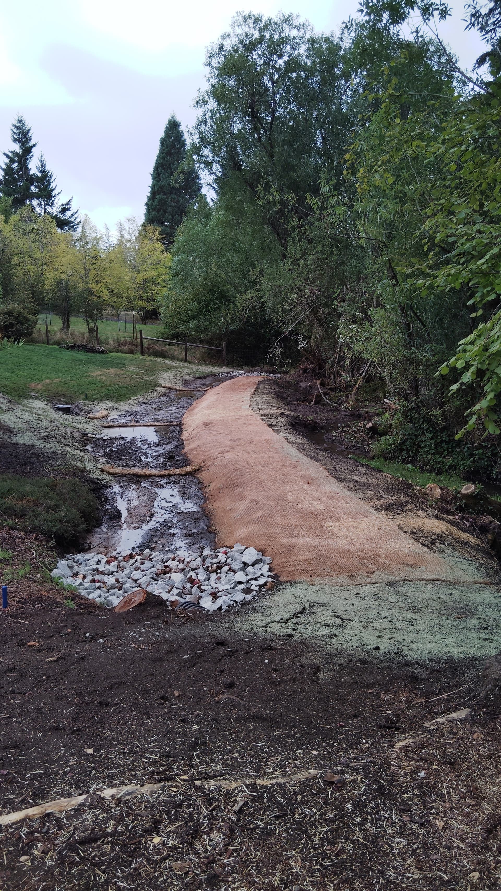 Erosion control matting installed along sloped pathway with rock stabilization