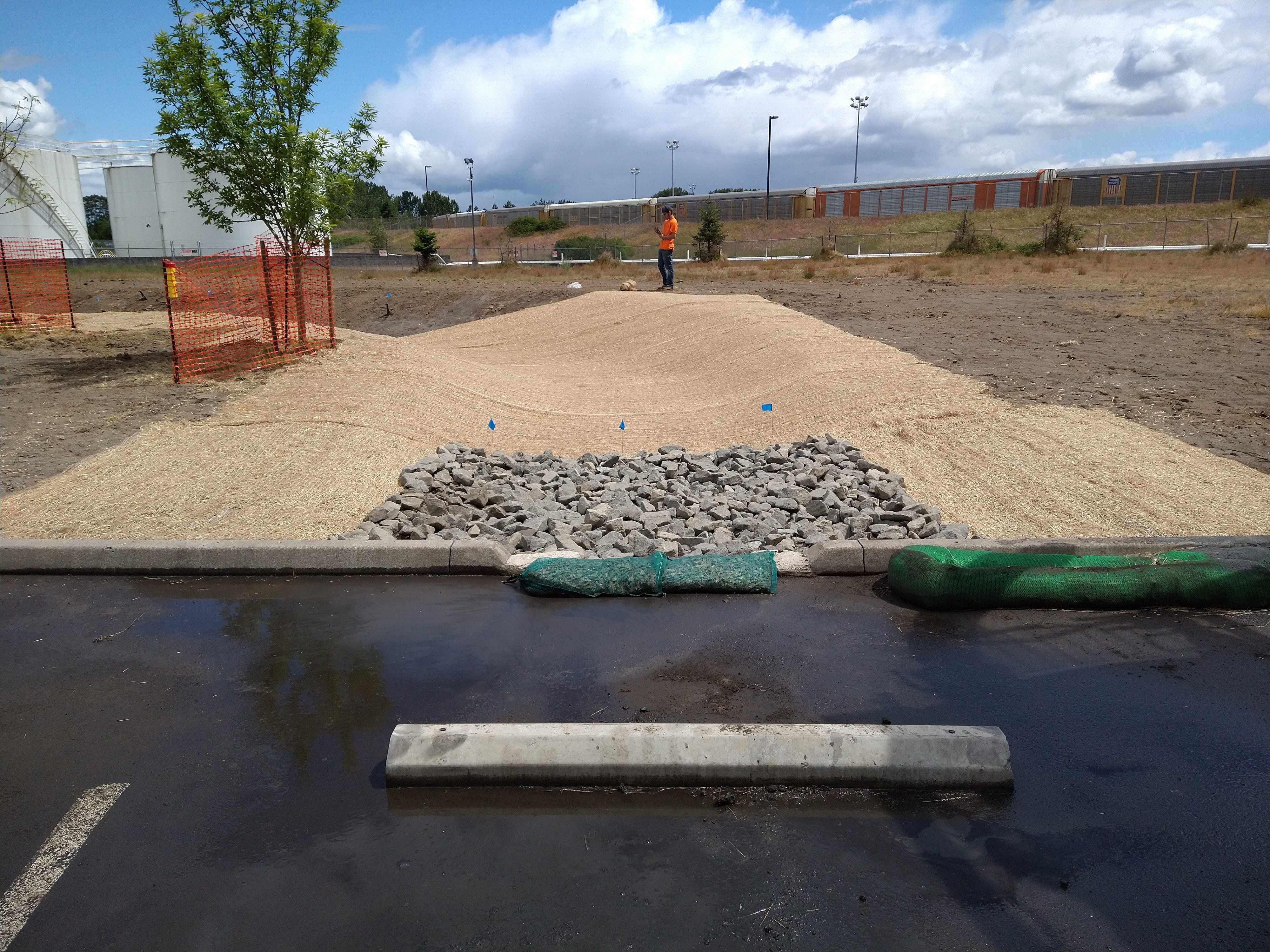 Erosion control measures at roadside with drainage area